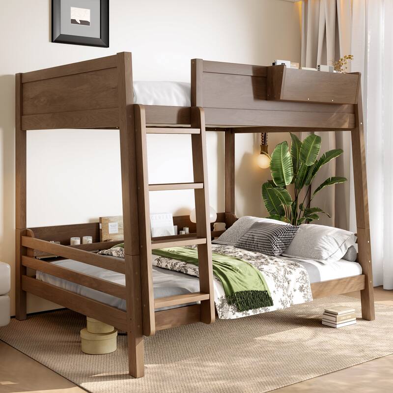 Wood Bunk Bed with Storage Shelves and Bookshelf, Ladder & Guardrails, Detachable Design - Wood - Full