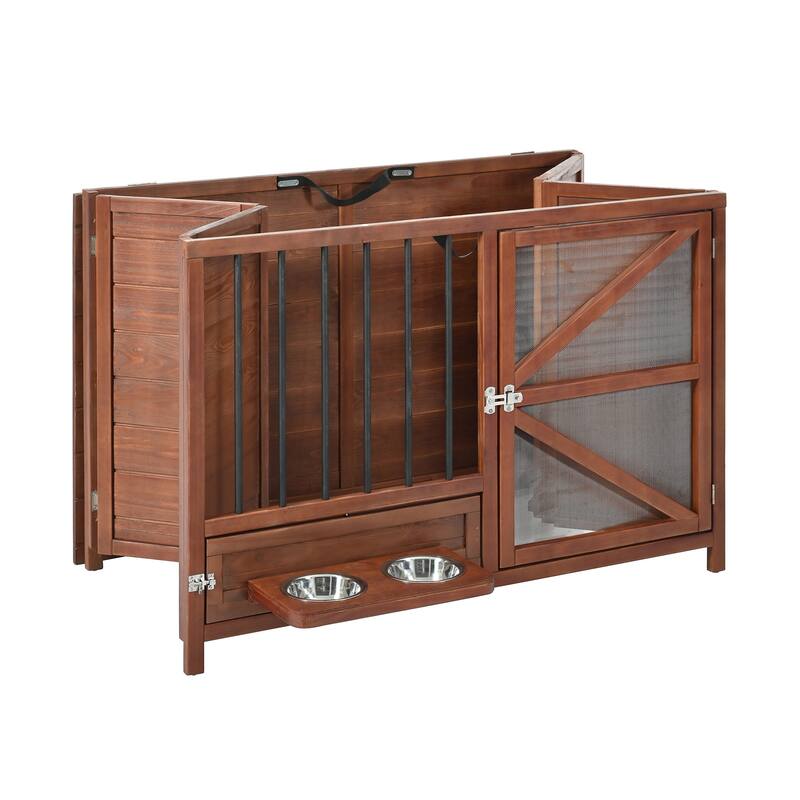 43" Solid Wood Dog Crate Furniture, Foldable Indoor Kennel with 360° Rotating Feeder Multi-Functional End Table