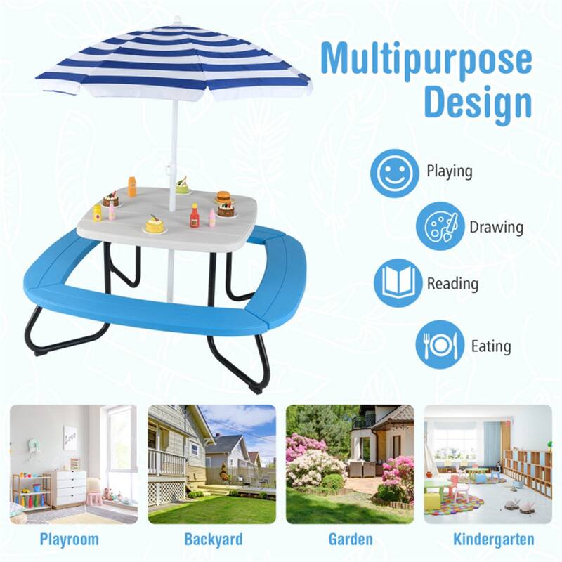 Kids Outdoor Picnic Table with Adjustable Umbrella and Benches Metal Frame and Weather-Resistant Surface - 49" × 49" × 39"-63"