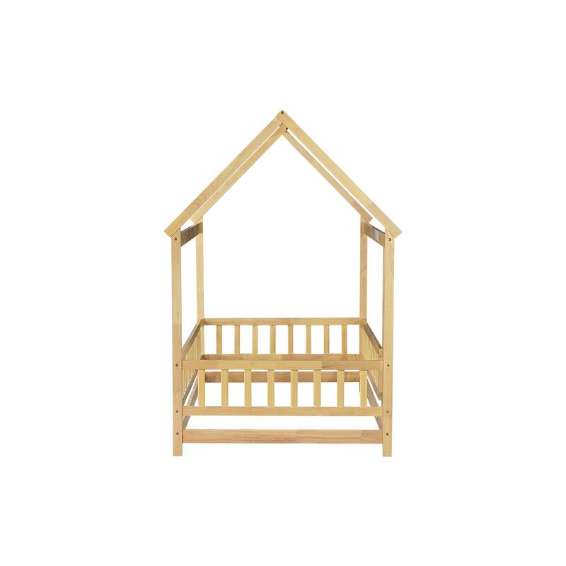 Twin Size House Floor Wooden Bed with Roof Frame,Safety Guardrails