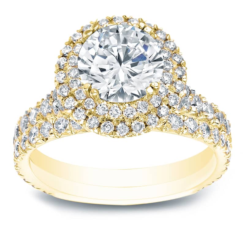 Auriya 2 1/3ctw Round Double Halo Diamond Engagement Ring Set 14k Gold