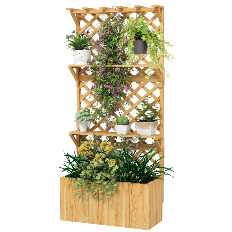 Elevated Garden Bed with Trellis and Shelves for Climbing Plants - 29.9" W x 13" D x 69.7" H