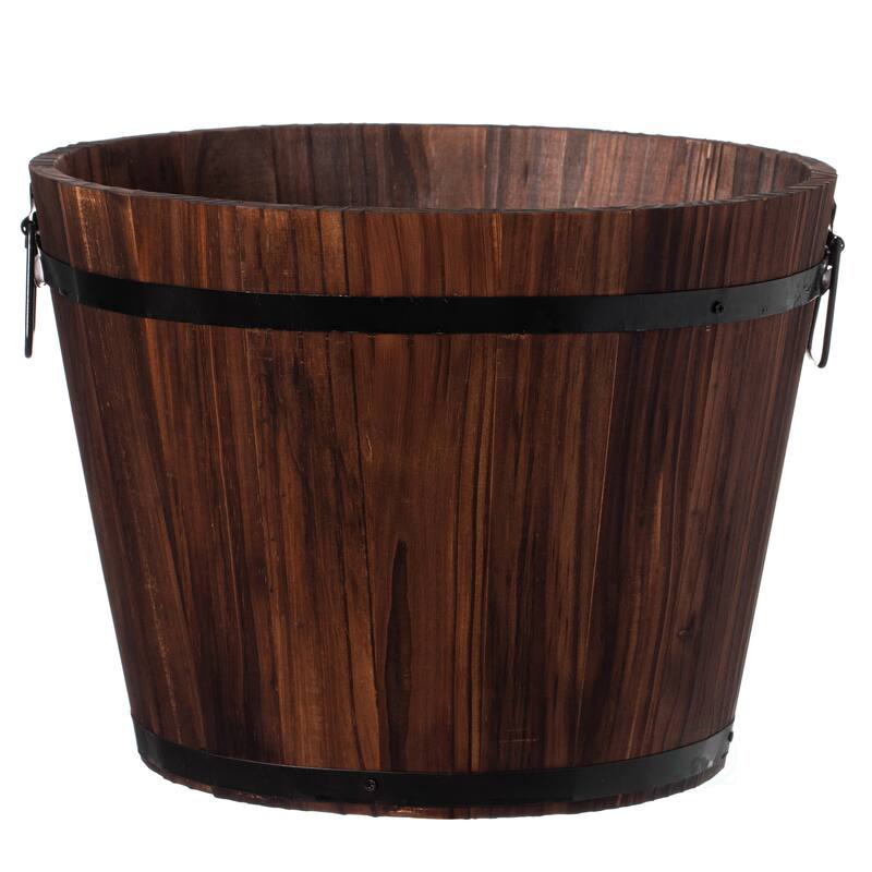 Rustic Wooden Whiskey Barrel Planter with Durable Medal Handles and Drainage Holes - Perfect for Indoor and Outdoor