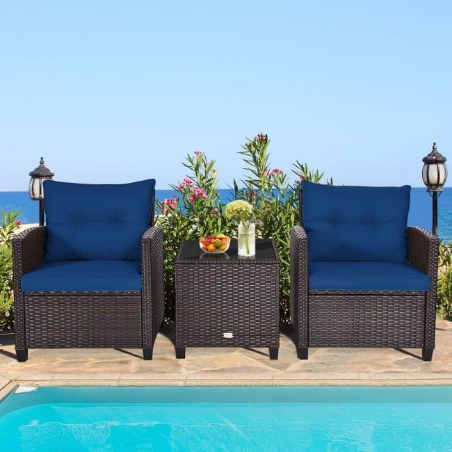 3 Pieces Rattan Patio Furniture Set with Washable Cushion - Chair: 26.5" x 26.5" x 30"