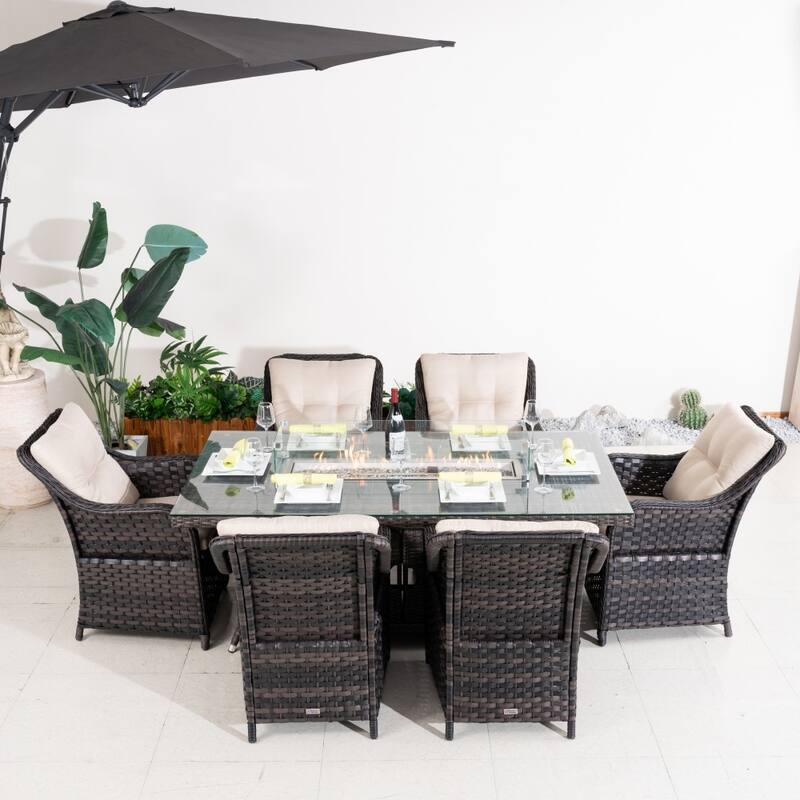 Outdoor Patio Premium Aluminum Fire Pit Table Set with PE Rattan Chairs - Brown