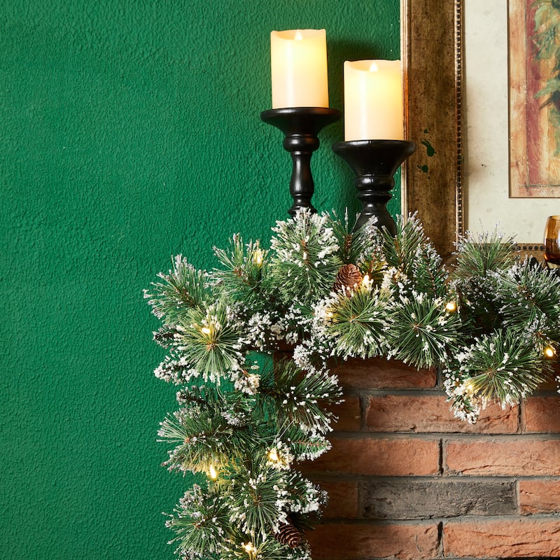 Glitzhome 9ft & 6ft Pre-Lit Frosted Greenery Pinecones Christmas Garland