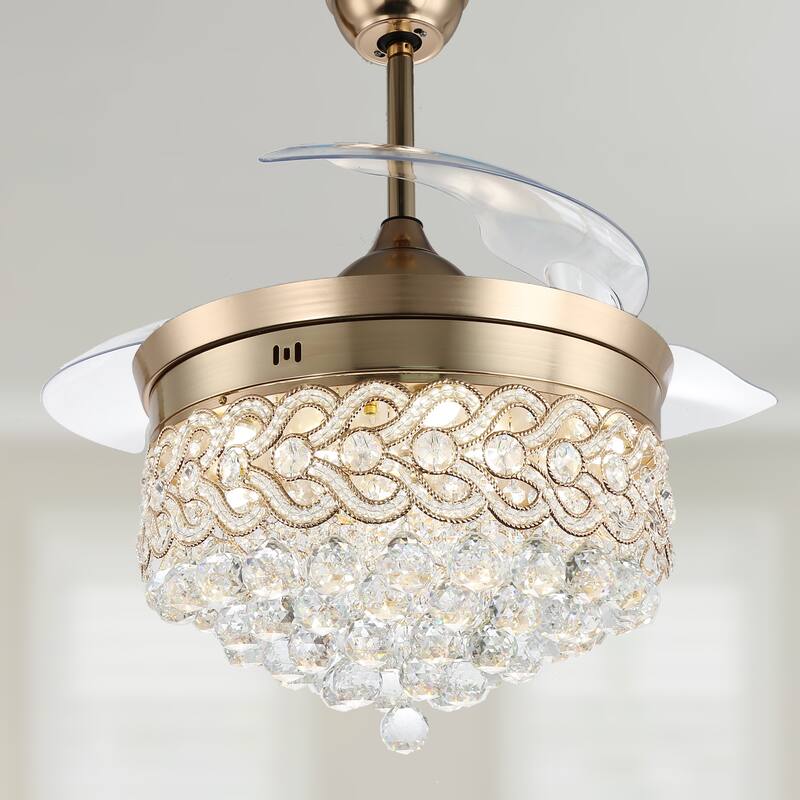 CurveCurio 42" Crystal Retractable Ceiling Fan Chandelier with 3-Color-Tone LED light Kit w Remote Control for Bedroom - French Gold