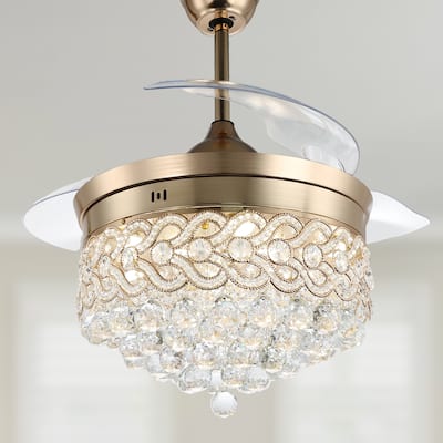 CurveCurio 42" Crystal Retractable Ceiling Fan Chandelier with 3-Color-Tone LED light Kit w Remote Control for Bedroom