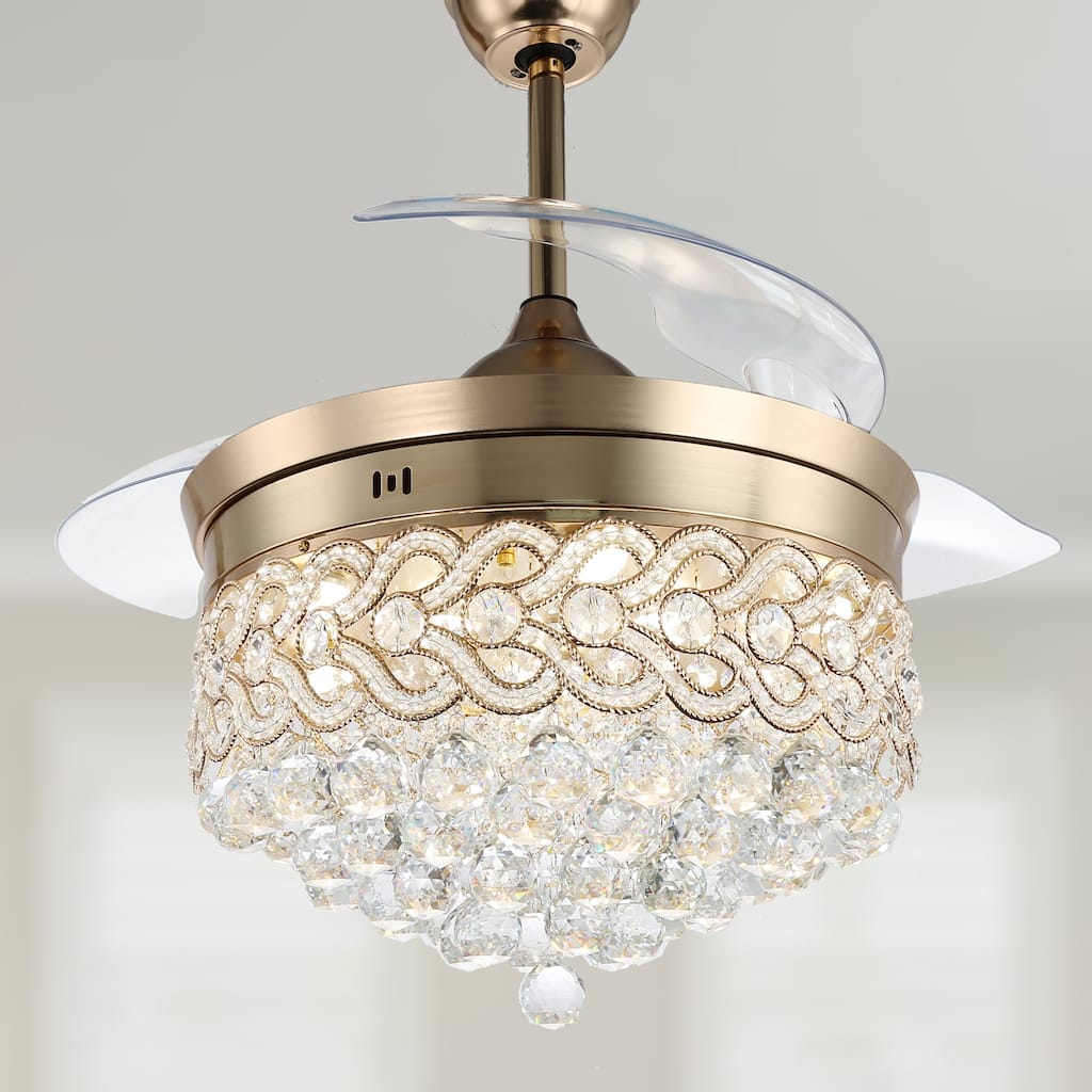 CurveCurio 42" Crystal Retractable Ceiling Fan Chandelier with 3-Color-Tone LED light Kit w Remote Control for Bedroom