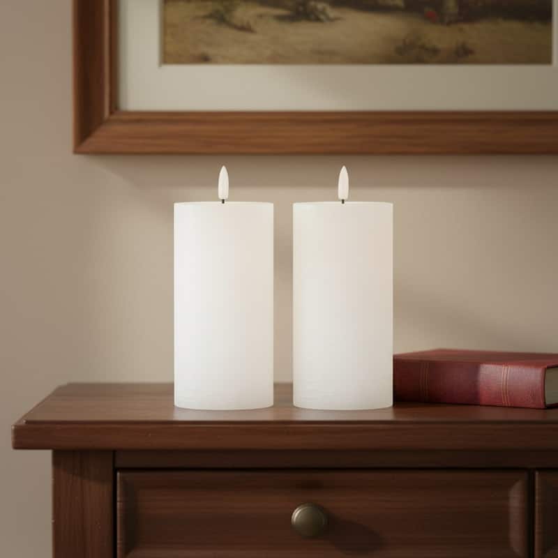 Set of Two White Flameless Pillar Candles - White