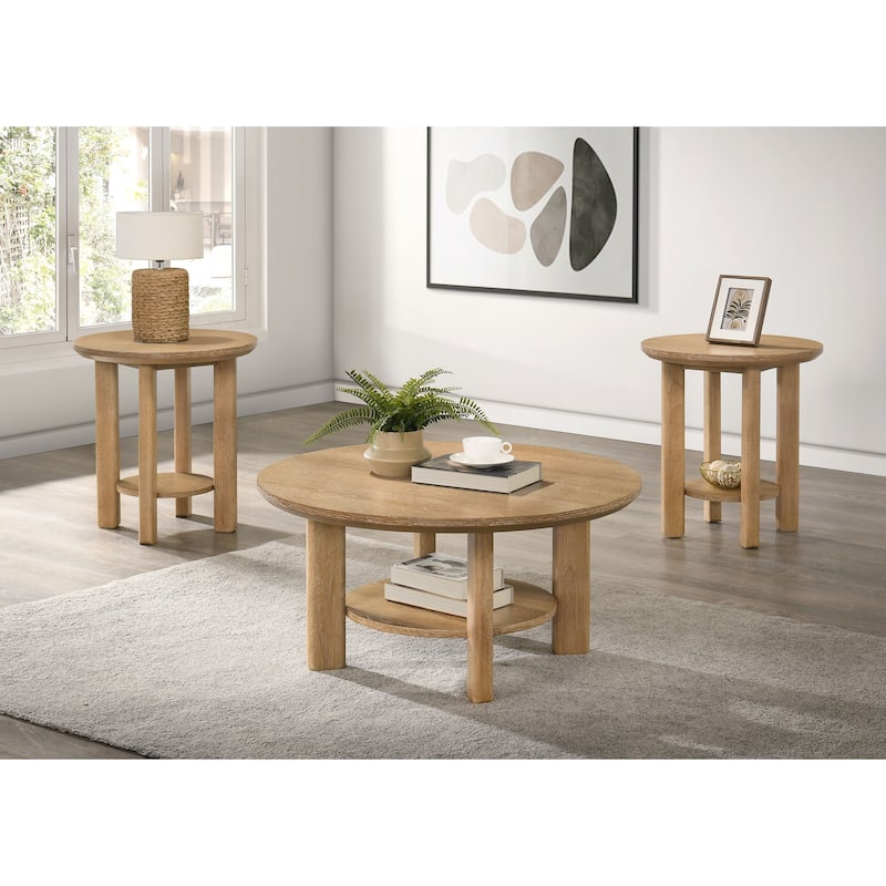 Ottowa Round Wood Coffee Table Set - 3-Piece Set - Washed Oak