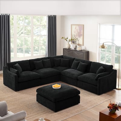 6-Seats Modular L-Shaped Sectional Sofa with Ottoman, 10 Pillows