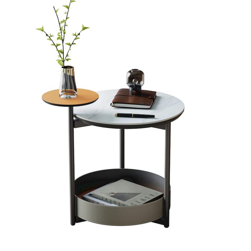 Unique Round Side End Table with 3-Tiers,Sintered Stone-top,Microfiber Saddle Leather Shelves,Accent Bedside Table for Room