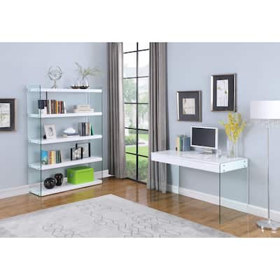 Somette Contemporary Gloss White & Glass Book Case - 47.24"W x 15.75"D x 70.87"H