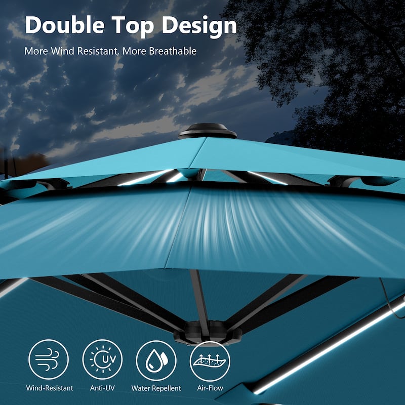 MAISON ARTS 13ft Double-Sided Outdoor Umbrella, 2-Tier Vented Market Umbrella with Colored Lights and Base