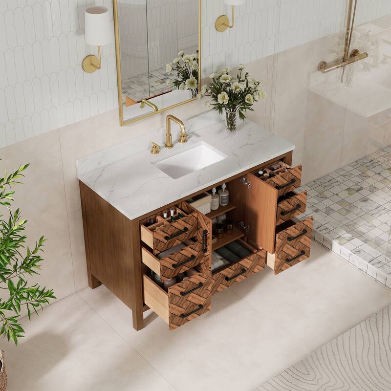 48" Freestanding Bathroom Vanity with Engineered Stone Top, Ceramic Sink, Built-In Power Outlet, and Hair Dryer Storage