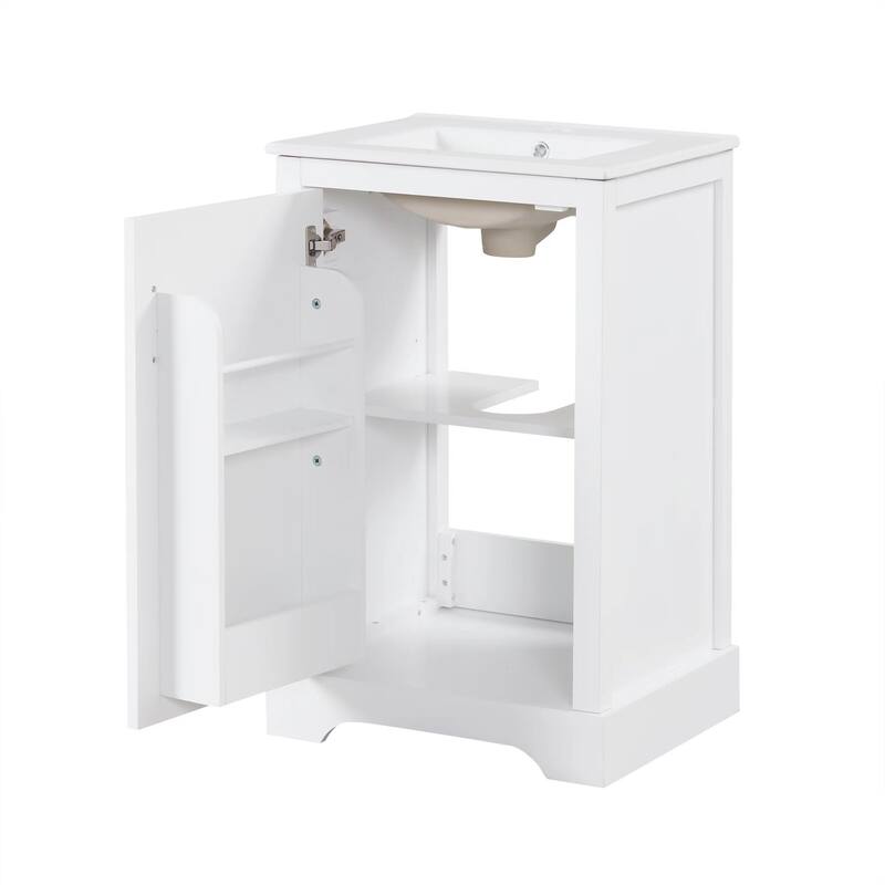 20" White Bathroom Vanity with Ceramic Sink, Soft Closing Door, Adjustable Shelve & Storage Rack, Freestanding Design