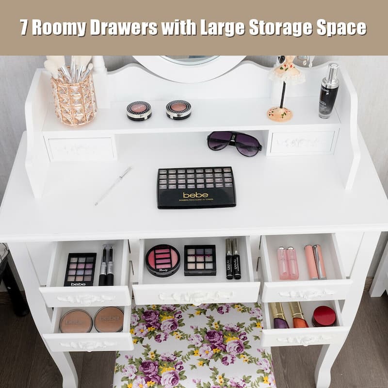 Gymax Vanity Makeup Set W/7 Drawer Tri-Folding Mirror Dressing Table &