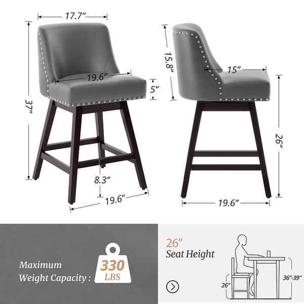 dimension image slide 0 of 8, 26 in. Fabric Upholstered Counter Height Swivel Bar Stool with Footrest - 19.6"D x 19.6"W x 37"H