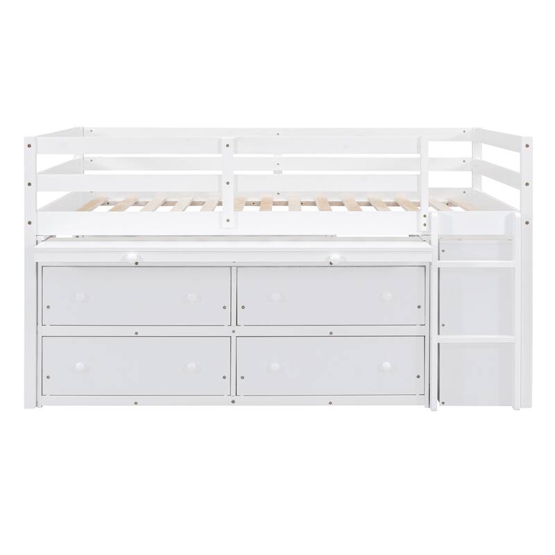 Full Size Loft Bed with Retractable Writing Desk and 4 Drawers, Wooden Loft Bed with Lateral Portable Desk and Shelves