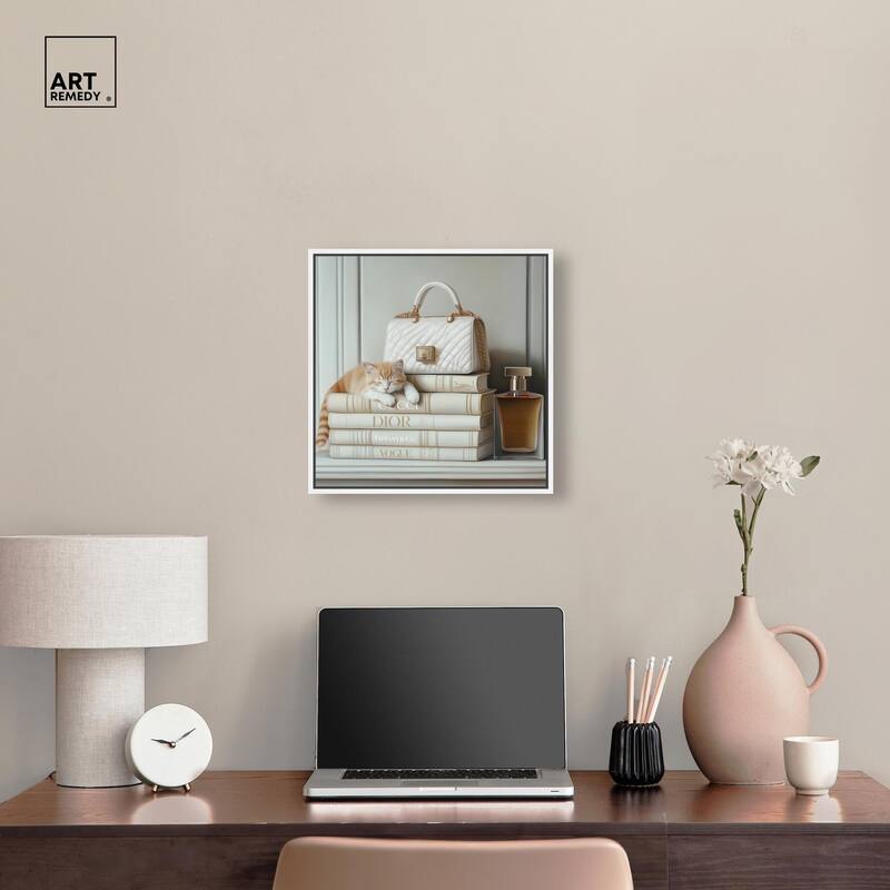 Ivory Books and Kitten Canvas by Art Remedy