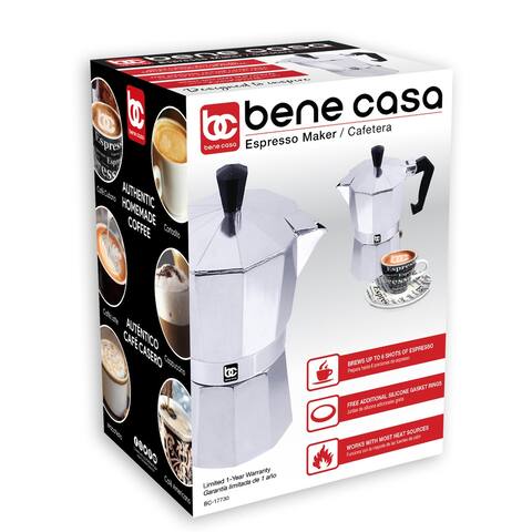 Bene Casa 6 cup aluminum espresso maker, stove top espresso maker, single shot - 6 Cup