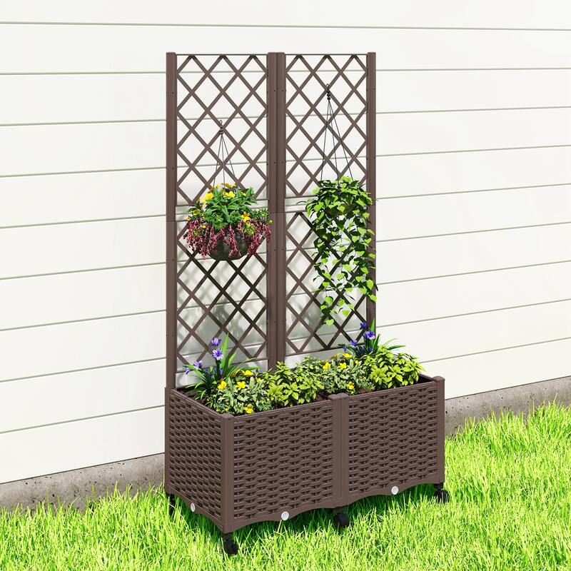 Outsunny Planter Box with Trellis, Self Watering Raised Garden Bed with Lockable Wheels, 56.3" Trellis Privacy Planter