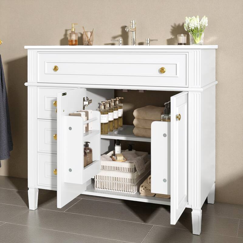 36" Freestanding Bathroom Vanity with Sink, Solid Wood Frame, 3 Drawers & 2 Soft-Close Doors, Gold Handles