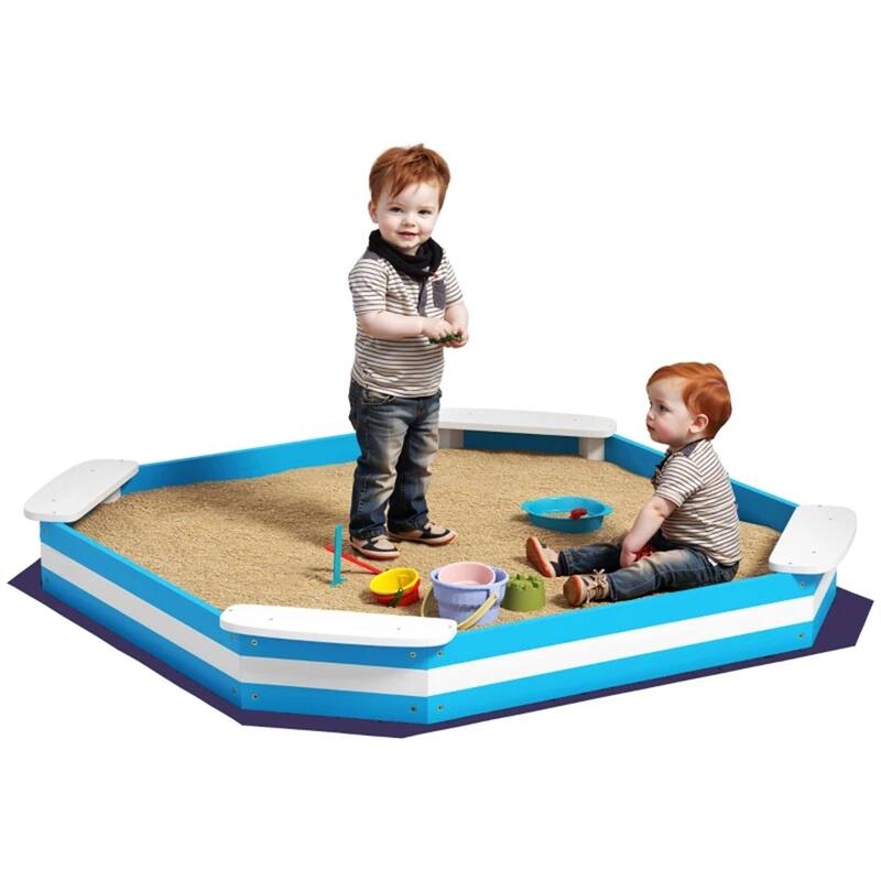 Kids Sandbox Outdoor Wooden Fir Wood with Seats Blue and White for Ages 3 to 6 - 52.4" L x 52.4" W x 6.3" H