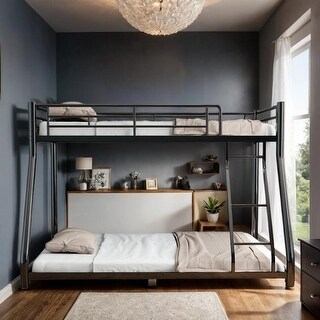 Stylish Metal Twin Over Full Size Bunk Bed with Removable Stairs, Heavy Duty Sturdy Frame with 12" Under-Bed Storage, Black