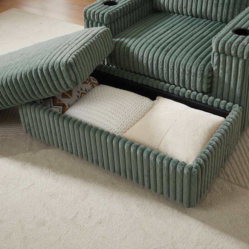 Anmytek 84 Inch Corduroy 3-Seater Comfy Deep Seat Sofa for Living Room with Storage Cup Holders Ottomans and Pillows