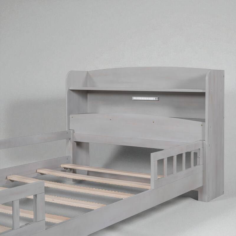 Twin/Full Size Wood Platform Bed with LED Light, Storage Headboard and Guardrail, No Box Spring Needed