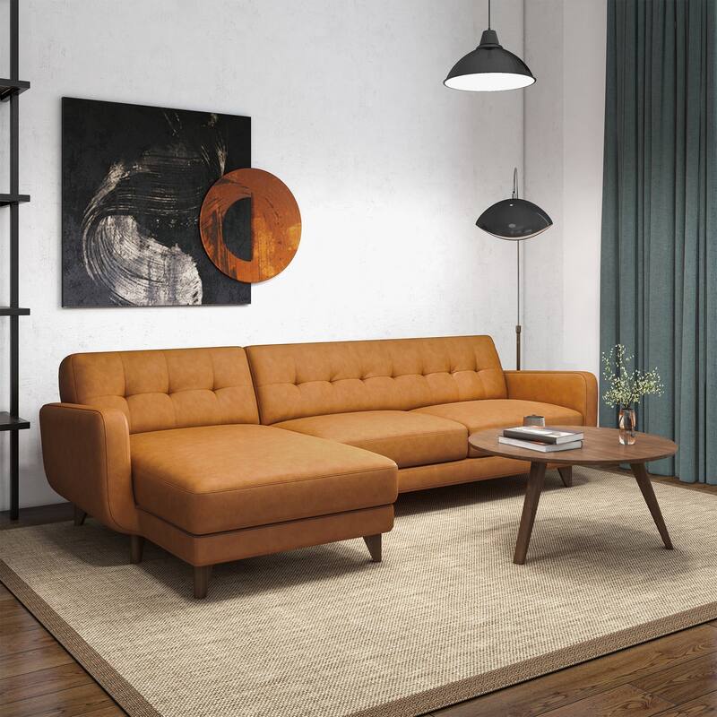 Left-Facing Tan Leather Sectional Sofa