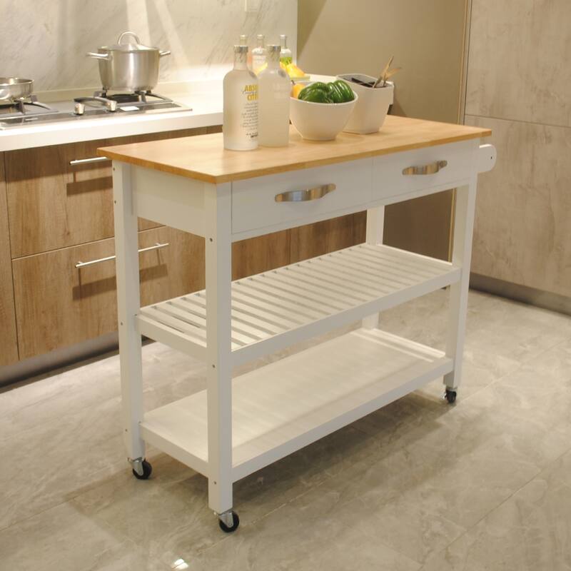 Anmytek Mobile Kitchen Island with Rubber Wood Top, 2 Drawers & Lockable Wheels, Simple Storage Kitchen Cart