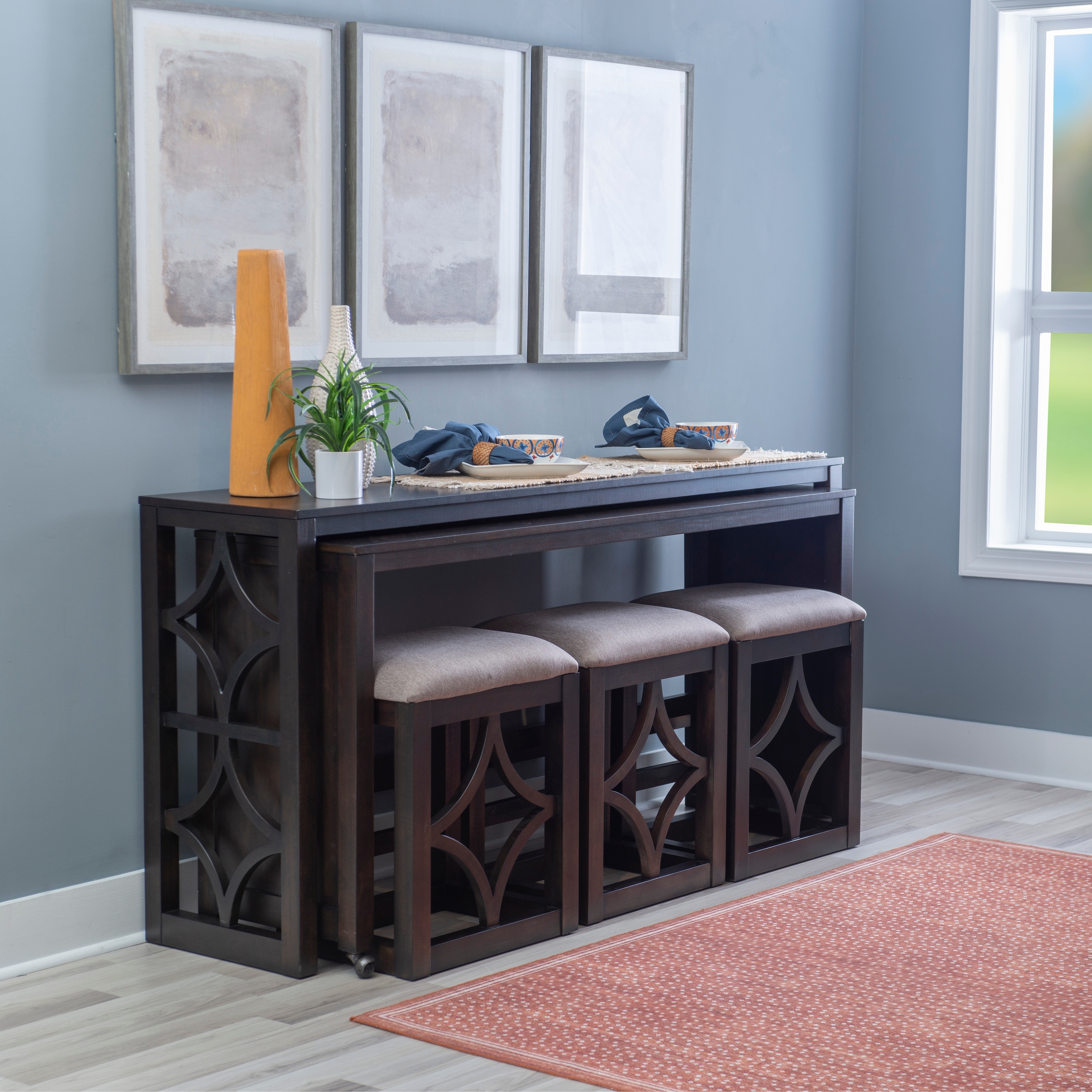 Linon Crewson Wood 2-Piece Nesting Rolling Console with 3 Stools