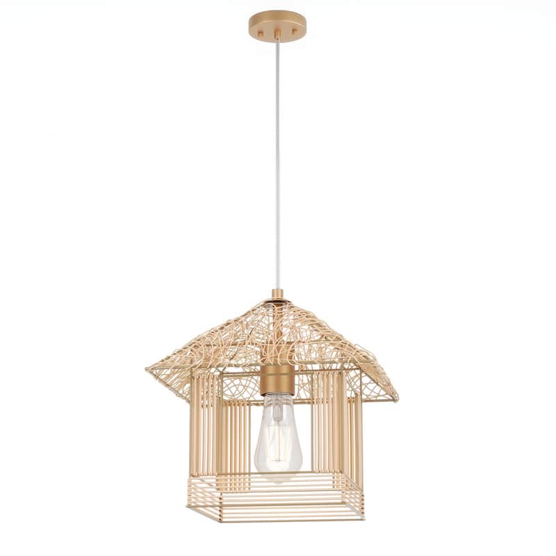 Farmhouse 1-Light Creative Rattan Woven House-Shaped Pendant Lighting Fixture