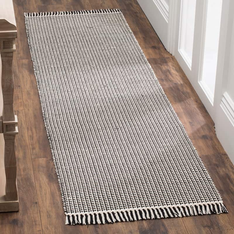 SAFAVIEH, Handmade Montauk Cliff Stripe Flatweave Cotton Fringe Rug - 2'3" x 20' Runner - Ivory/Black