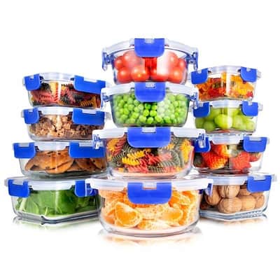 24 Piece Glass Food Storage Container Bakeware Set with Snap Lock Lids Microwave Oven Freezer Dishwasher Safe
