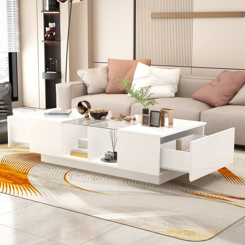 47.4" White Coffee Table with LED Lights High Gloss Center Table