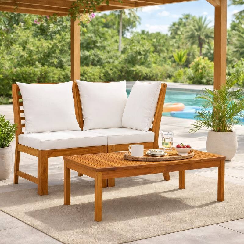 Roma 3pc Modular Outdoor Sofa and Table Set, Solid Acacia Wood, White