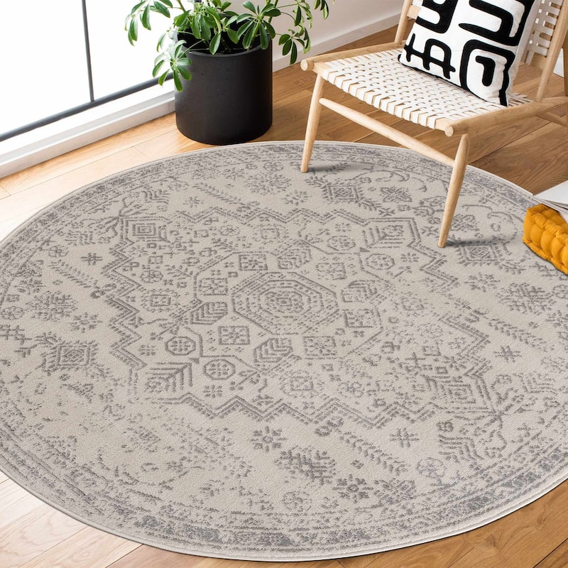Hauteloom Tigris Modern Traditional Abstract Farmhouse Neutral Grey / Beige Area Rug - 5'3" Round - Light Grey, Grey, Ivory / Tigris