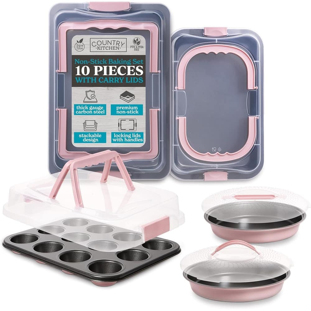 Country Kitchen Baking Pans Set 10 Piece Non-Stick Cake Pans with Carry Lids for Storage & Travel, Perfect for Parties Stackable