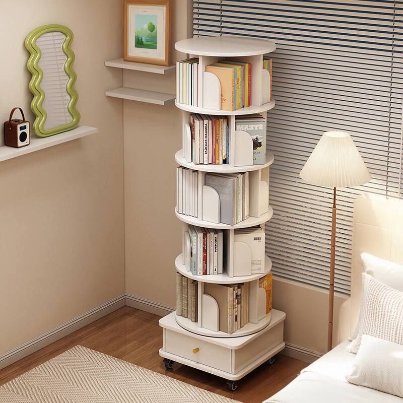 Display Round Spinning Bookshelf with Wheels and Drawer