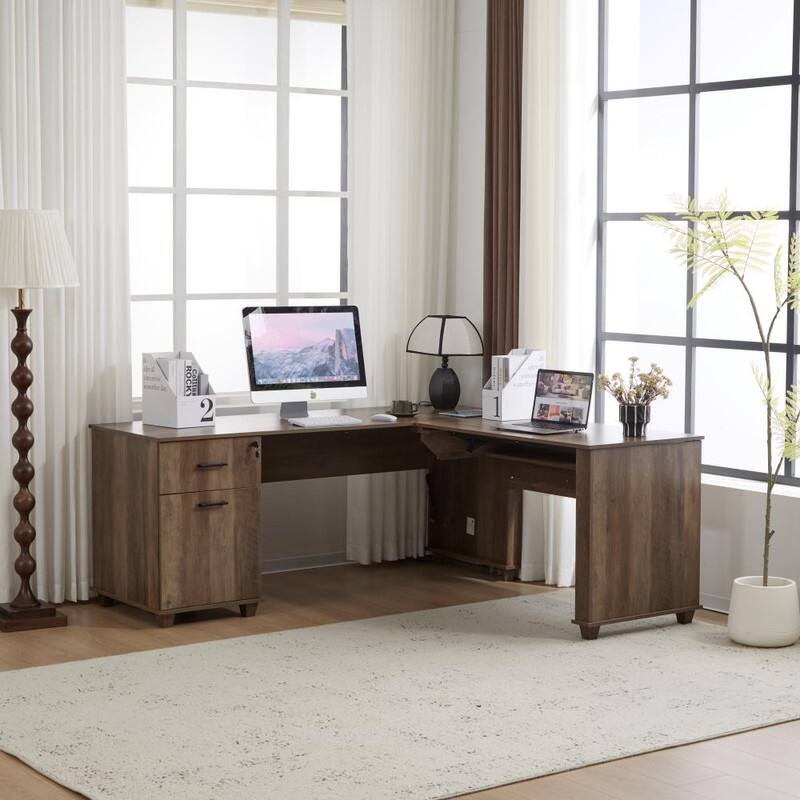 71'' L-Shaped Lift Top Home Office Desk with Storage Drawers ,File Cabinet and Convenient Charging