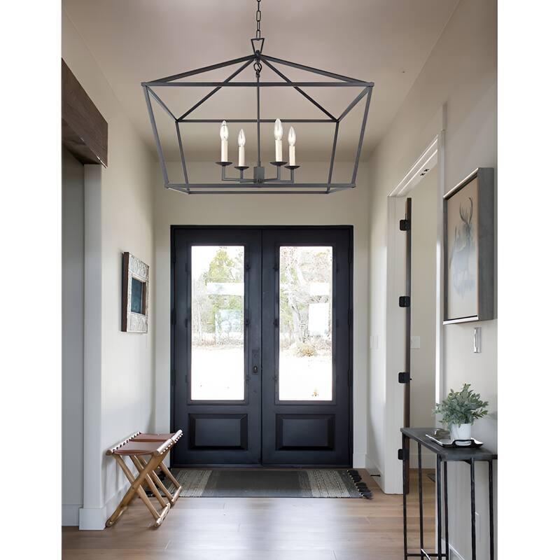 28 Inch Wide 4 Light Rustic Aged Iron Lantern Open Frame Chandelier