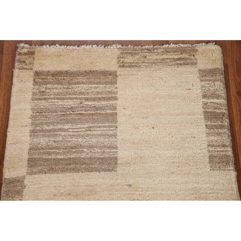 Hand Knotted Oriental 100% Wool Carpet Tribal Modern Beige & Ivories Gabbeh (kashkoli) Area Rug - 3' 2'' X 2' 0''