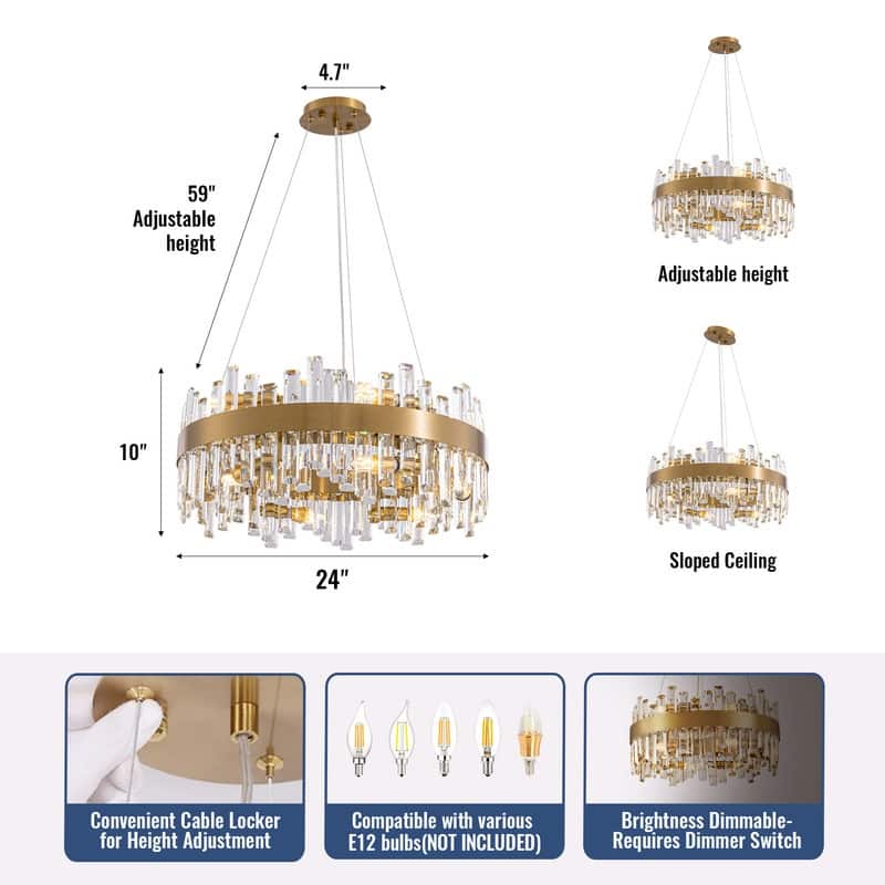 24 in. 2-Tier Modern Crystal Chandelier Brass Gold Round Crystal Raindrop Chandelier Contemporary Pendant Light for Dining Room
