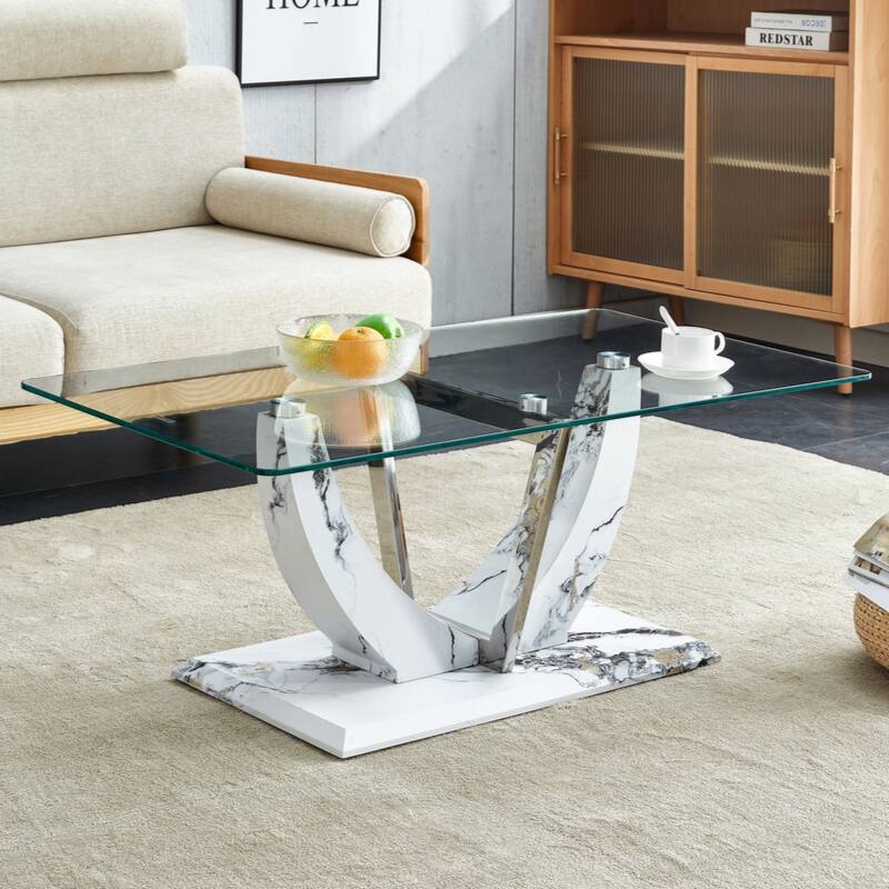 glass coffee table with marble patterned MDF legs and stainless steel decorative columns