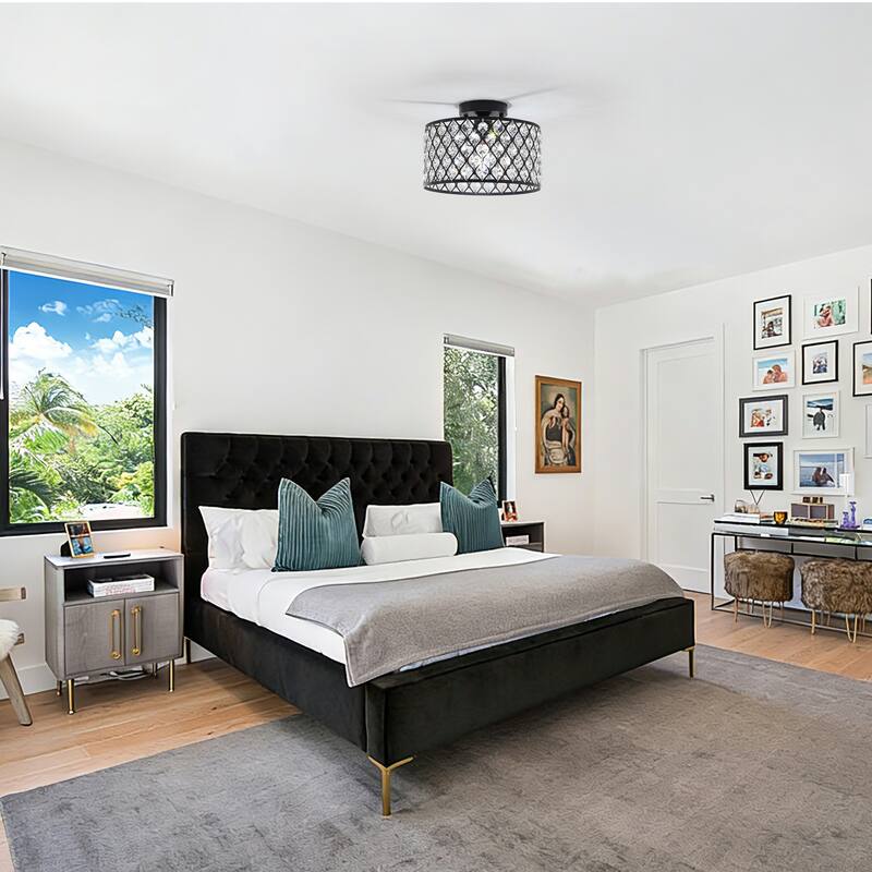 1-Light Modern Vintage Drum Crystal Semi-Flush Mount Ceiling Light