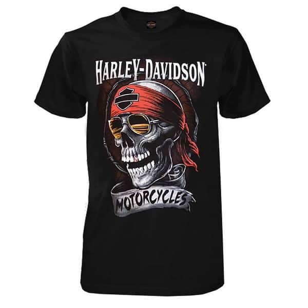 slide 1 of 3, Harley-Davidson Men's Distressed Shady Skull Short Sleeve T-Shirt, Solid Black